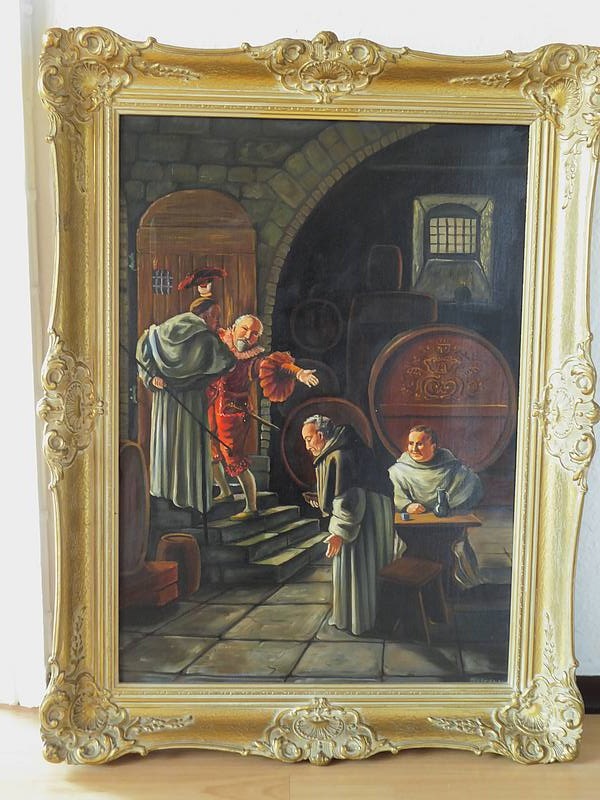 Oil painting monks in the wine cellar