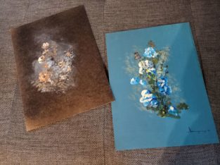 two flower paintings (blue and brown tones)