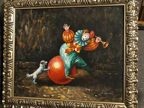 Oil on linen painting: “spielender Clown” playing clown