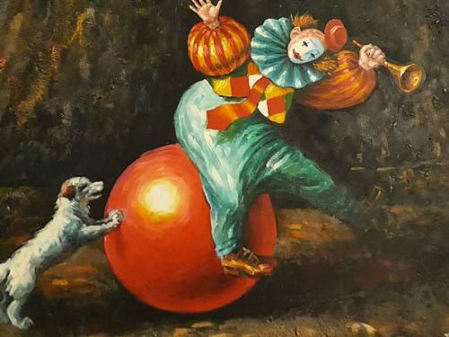 Oil on linen painting: “spielender Clown” playing clown